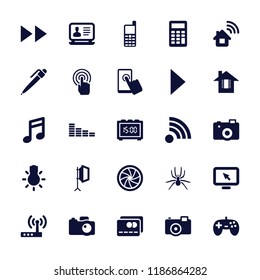 Digital icon. collection of 25 digital filled icons such as equalizer, laptop, note, joystick, camera, camera shutter, soft box. editable digital icons for web and mobile.