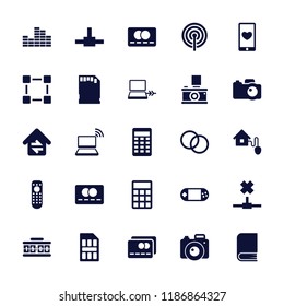 Digital icon. collection of 25 digital filled icons such as credit card, portable console, network connection, camera, camera lense. editable digital icons for web and mobile.