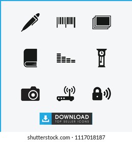 Digital icon. collection of 9 digital filled icons such as photos, equalizer, barcode, pen, security lock, router, pendulum, camera. editable digital icons for web and mobile.