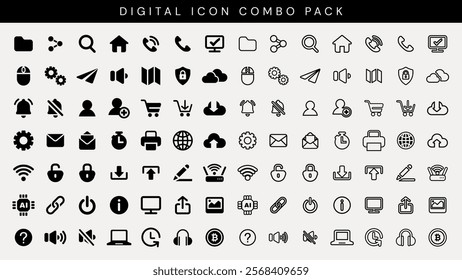 Digital icon combo pack with various symbols: phone, home, email, and more. Perfect for digital design, web design, and app design projects. User interface icon vector set.