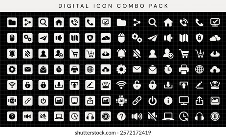 Digital icon combo pack with various icons. Icons include home, email, phone, and more. Versatile digital icons for web and app design. Icon pack for digital use. User interface icon vector set.