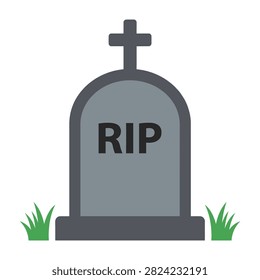 Digital icon of a gray tombstone featuring a cross and the inscription RIP. Surrounded by small grass tufts. Symbolizes death, burial, and cemetery. Isolated on white background.