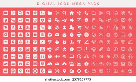 Digital icon mega pack with diverse icons. Icons include communication, security, and media. Versatile icons for digital use, perfect for digital projects. User interface icon vector set.