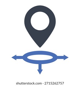 Icono digital sobre fondo blanco con dos Elementos principales. El elemento superior es un pin de ubicación gris oscuro, un símbolo estándar utilizado para marcar un punto específico en un mapa o un destino. Debajo de este pin, un sistema direccional azul consta de un óvalo central con flechas que se extienden hacia afuera a la izquierda, derecha y hacia abajo. Esta combinación visual ilustra conceptos relacionados con la navegación, la planificación de rutas, la elección de direcciones o el inicio de un viaje desde una ubicación específica.
