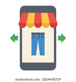 Digital icon representing a mobile shopping application. Features a smartphone screen with a storefront awning and jeans product. Green arrows indicate navigation.