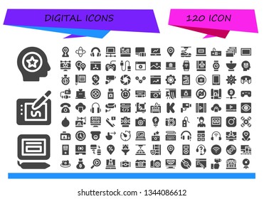 digital icon set. 120 filled digital icons.  Simple modern icons about  - Favorite, Signature, Drawing tablet, Clocks, 360 , Headphones, Laptop, Responsive, Analytics, Placeholder