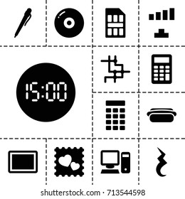 Digital icon. set of 13 filled digital icons such as signal, photo with heart, tablet, pause, hot dog, pc, sim card, intercom, calculator, digital clock, disc, pen