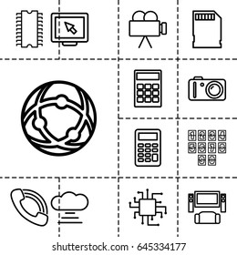 Digital icon. set of 13 outline digitalicons such as call, camera, memory card, calculator, cpu, digital clock, display, cpu, cloud connection, network connection