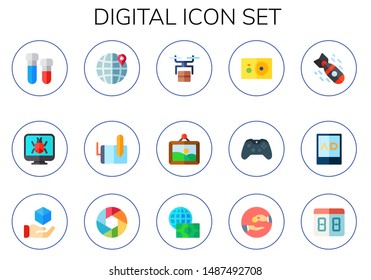 digital icon set. 15 flat digital icons.  Collection Of - printing, computer, world map, tablet, drone, artwork, photo camera, gamepad, bomb, ads, cube, camera, economy, transaction