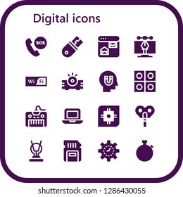  digital icon set. 16 filled digital icons. Simple modern icons about  - Telephone, Usb, Browser, Vector, Wifi, Projector, Influence, Tablets, Keyboard, Laptop, Cpu, Automaton