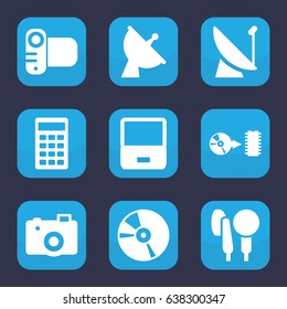 Digital icon. set of 9 filled digital icons such as satellite, camera, cd, microphone, disc, calculator