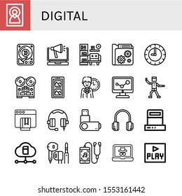digital icon set. Collection of Image, Hard disk, Laptop, Library, Data, Clock, Recorder, Gallery, Funky, Ebook, Headphone, Usb flash drive, Headphones, Scanner, Cloud, Earphone icons