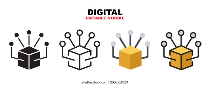 Digital icon set with different styles. Icons designed in filled, outline, flat, glyph and line colored. Editable stroke and pixel perfect. Can be used for web, mobile, ui and more.