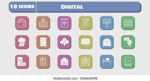 digital icon set. included audiobook, shop, wallet, learn, learning, cloud library, online shop, tablet, ereader, desktop icons on white background. linear, filled styles.