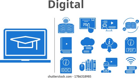 digital icon set. included book, learning, touchscreen, feedback, cloud library, books, teacher, ebook, pdf, instructor, doc, information icons. filled styles.