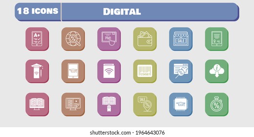 digital icon set. included chip, audiobook, wallet, shop, smartphone, touchscreen, online shop, tablet, ereader, ebook icons on white background. linear, filled styles.