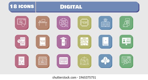 digital icon set. included chip, study, shop, smartphone, touchscreen, learning, online shop, tablet, ebook, desktop, student-tablet icons on white background. linear, filled styles.