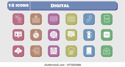 digital icon set. included chip, smartphone, shop, learning, click, cloud library, online shop, ebook, student-tablet, information icons on white background. linear, filled styles.