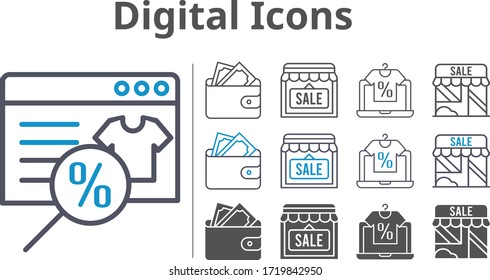 digital icon set included online shop, wallet, shop icons