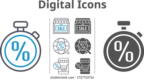 digital icon set included online shop, shop, stopwatch, internet icons