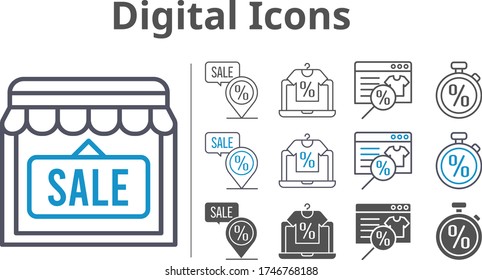 digital icon set included online shop, shop, placeholder, stopwatch icons