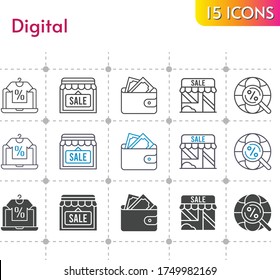 digital icon set. included online shop, shop, wallet, internet icons on white background. linear, bicolor, filled styles.
