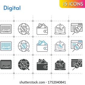 digital icon set. included online shop, wallet, barcode, internet icons on white background. linear, bicolor, filled styles.