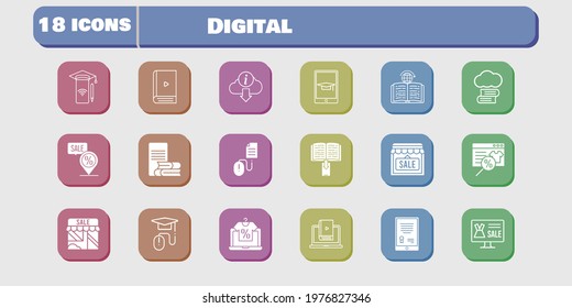 digital icon set. included shop, smartphone, learn, learning, click, cloud library, online shop, tablet, ebook, online-learning icons on white background. linear, filled styles.