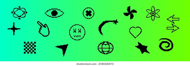 Icono digital en estilo pixel, con corazones negros, cursores y flechas. Perfecto para agregar un aspecto vintage inspirado en los años 90 a las interfaces de Web y tecnología.