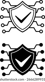 Digitale Symbole. Schwarzweiße Vektorgrafiken. Schutz und Schutz der Privatsphäre digitaler Technologien. Konzept für Datensicherheit und Datenschutz
