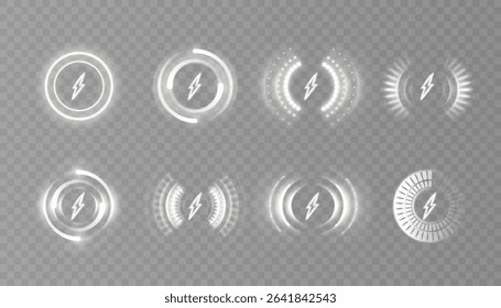 Digital icons in bright white style with bright lightning symbols. Energy indicators for HUD interfaces and charging panels. - Powered by Shutterstock - Get 15% off with code: PIKWIZARD15
