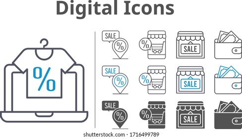 digital icons icon set included online shop, shop, wallet, placeholder icons