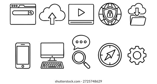Iconos digitales que representan la tecnología moderna y las actividades en línea que se muestran sobre un fondo blanco limpio