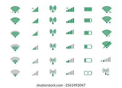 Digital Icons Representing Network, Signal, Battery, and WiFi Symbols