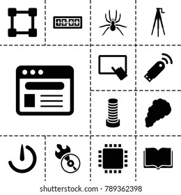 Digital icons. set of 13 editable filled digital icons such as business center building, finger on tablet, disc flame, browser, network connection, camera tripod