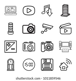 Digital icons. set of 16 editable outline digital icons such as camera, business center building, eating mouth, home connection, diskette, light exposure, security camera