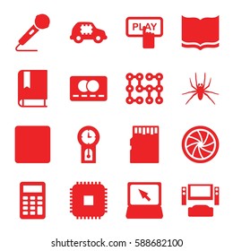 digital icons set. Set of 16 digital filled icons such as spider, Finger pressing play button, credit card, book, laptop, stop, microphone, camera shutter, calculator