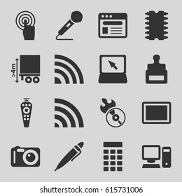Digital icons set. set of 16 digital filled icons such as stamp, cargo height, disc flame, remote control, touchscreen, wi-fi, tablet, laptop, browser, microphone, pen, cpu
