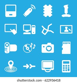 Digital icons set. set of 16 digital filled icons such as finger on tablet, map location, heart with camera, disc on fire, camera, display, memory card, camera display, pc