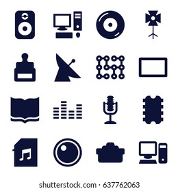 Digital icons set. set of 16 digital filled icons such as satellite, stamp, book, disc on fire, microphone, memory card with music, equalizer, camera lense, soft box, burst