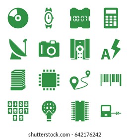 Digital icons set. set of 16 digital filled icons such as laptop connection, camera, business center building, wrist watch, distance, auto flash, calculator, cd, cpu