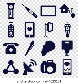 Digital icons set. set of 16 digital filled icons such as heartbeat on phone, heart mobile, remote control, medical phone, thermometer, soft box, burst, smart home, smoke