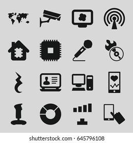 Digital icons set. set of 16 digital filled icons such as finger on display, laptop, signal, heartbeat on phone, disc flame, microphone, pause, pc, security camera, pie chart