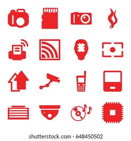 Digital icons set. set of 16 digital filled icons such as business center building, security camera, security camera, disc on fire, old phone, wi-fi, smoke, arrow up, printer