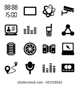 Digital icons set. set of 16 digital filled icons such as credit card, laptop, distance, old phone, equalizer, microphone, camera shutter, burst, security camera, server