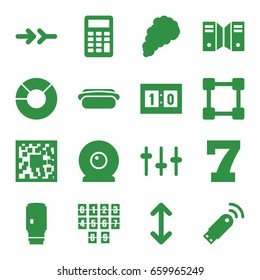 Digital icons set. set of 16 digital filled icons such as 7 number, equalizer, camera lense, hot dog, web camera, smoke, sport score, calculator, arrow, usb signal, server
