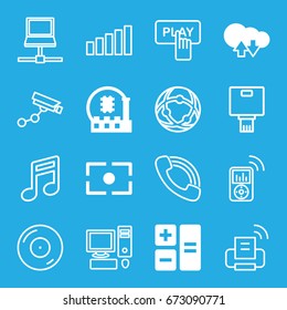 Digital icons set. set of 16 digital filled and outline icons such as camera focus, cloud download upload, cpu, finger pressing play button, security camera, disc on fire