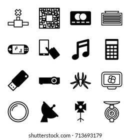 Digital icons set. set of 16 digital filled and outline icons such as credit card, finger on display, satellite, calculator, soft box, usb drive, portable game console, router