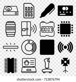 Digital icons set. set of 16 digital filled and outline icons such as credit card, stop, soft box, pen, cpu, dvd player, camera lense, camera, real estate on laptop, intercom