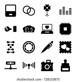 Digital icons set. set of 16 digital filled icons such as stamp, laptop with heart, photo with heart, disc, pen, equalizer, camera shutter, soft box, camera lense, signal